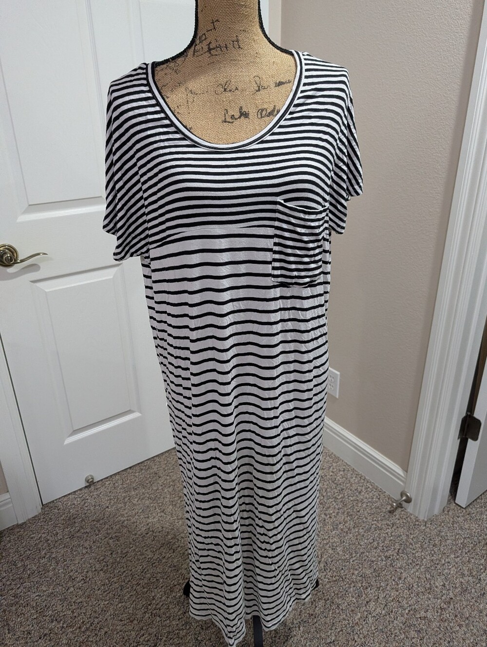 Ellison Black & White Striped Scoop-Neck Maxi Sleep Dress